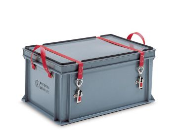 Caisse plastique ADR 4H2 60x40x3 cm 53L couvercle à fermeture sangles