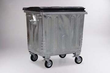 Conteneur poubelle métallique 1100L avec couvercle plastique noir