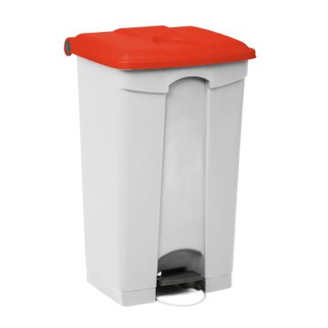 Poubelle cuisine professionnelle à pedale blanche 90L couvercle rouge