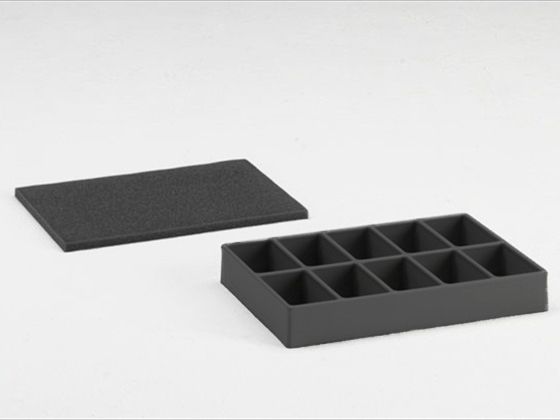 Casier avec plaque de mousse, 10 compartiments pour bac 400x300x65