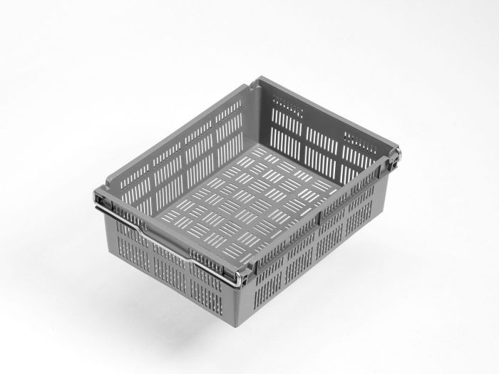 Bac gerbable emboitable sur barres 12L, 400x300x131 mm, fond et parois ajourés, gris