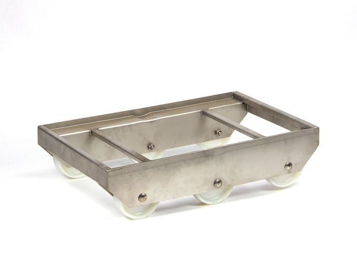Chariot à roulettes basculant avec supports intermédiaires, inox, 6 roulettes, avec inclinaison