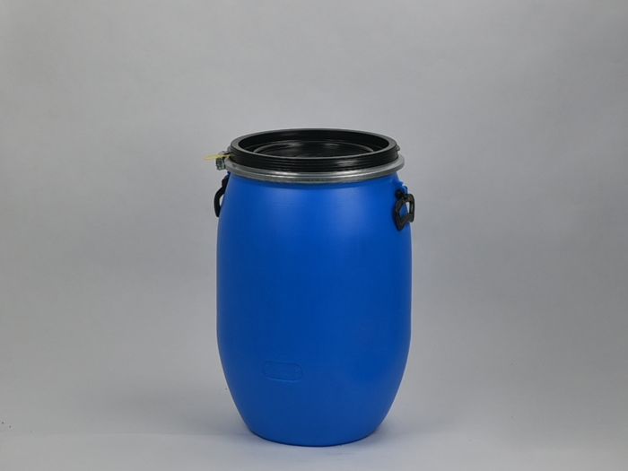 Fût plastique bleu avec couvercle, 60L certifié UN