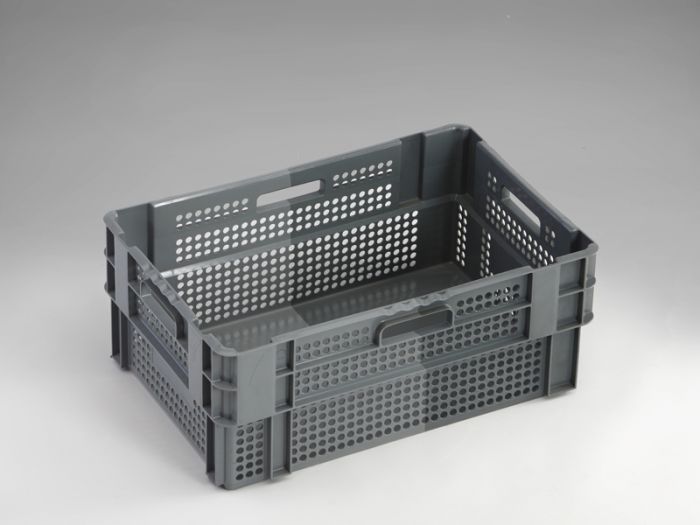 Bac gerbable emboitable alimentaire parois ajourée 600x400x240 mm 48 l, 2 nuances de gris