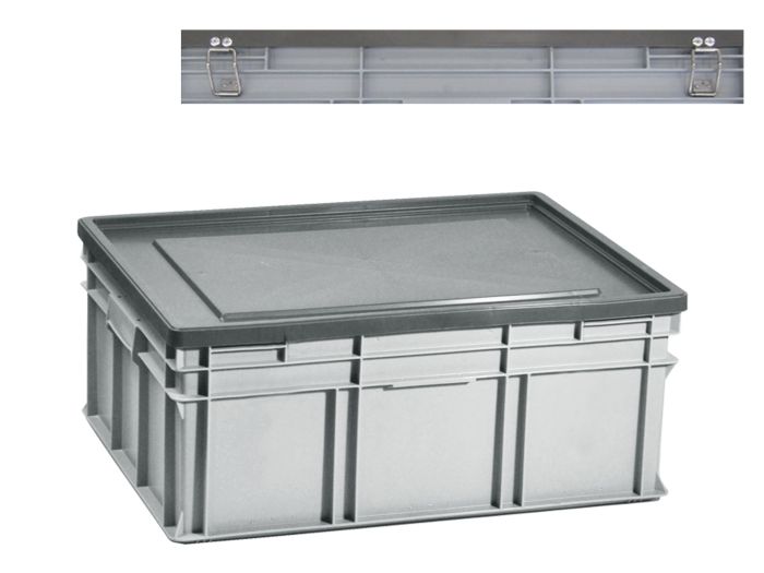 Bac plastique gerbable avec couvercle à charnières en acier INOX E-line 800x600x325 mm