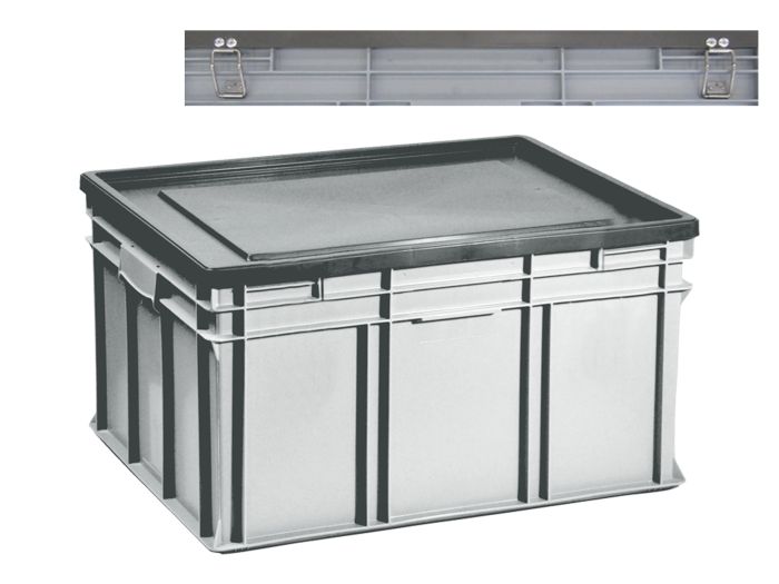 Bac plastique gerbable avec couvercle à charnières en acier INOX E-line 800x600x425 mm
