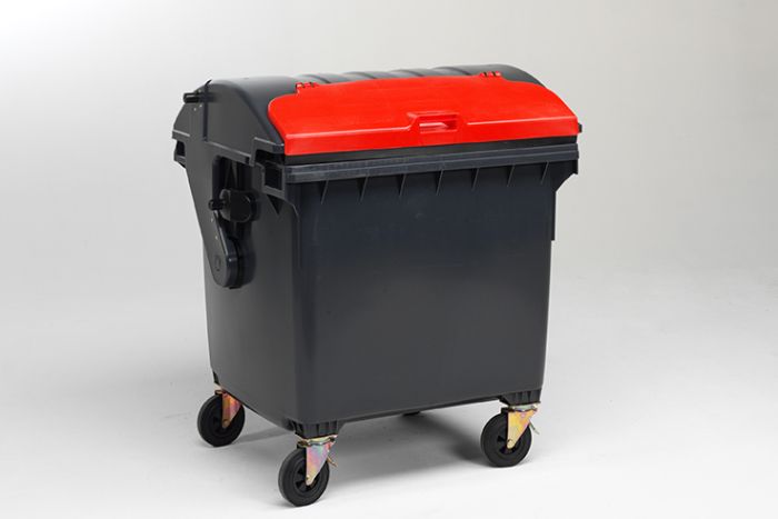 Conteneur à déchets 1100 litres 4 roues corps GRIS, clapet ROUGE
