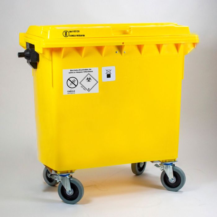 Conteneur DASRI 770 litres JAUNE roues GRIS préhension frontale
